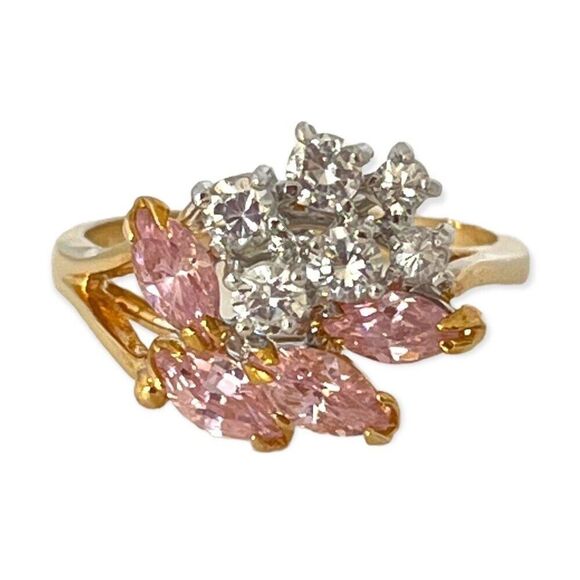 1970s Cluster Ring - Etsy Vintage 1970s Ring Size 8 Pink CZ Marquise Cluster Spray Gold Plated - 14L